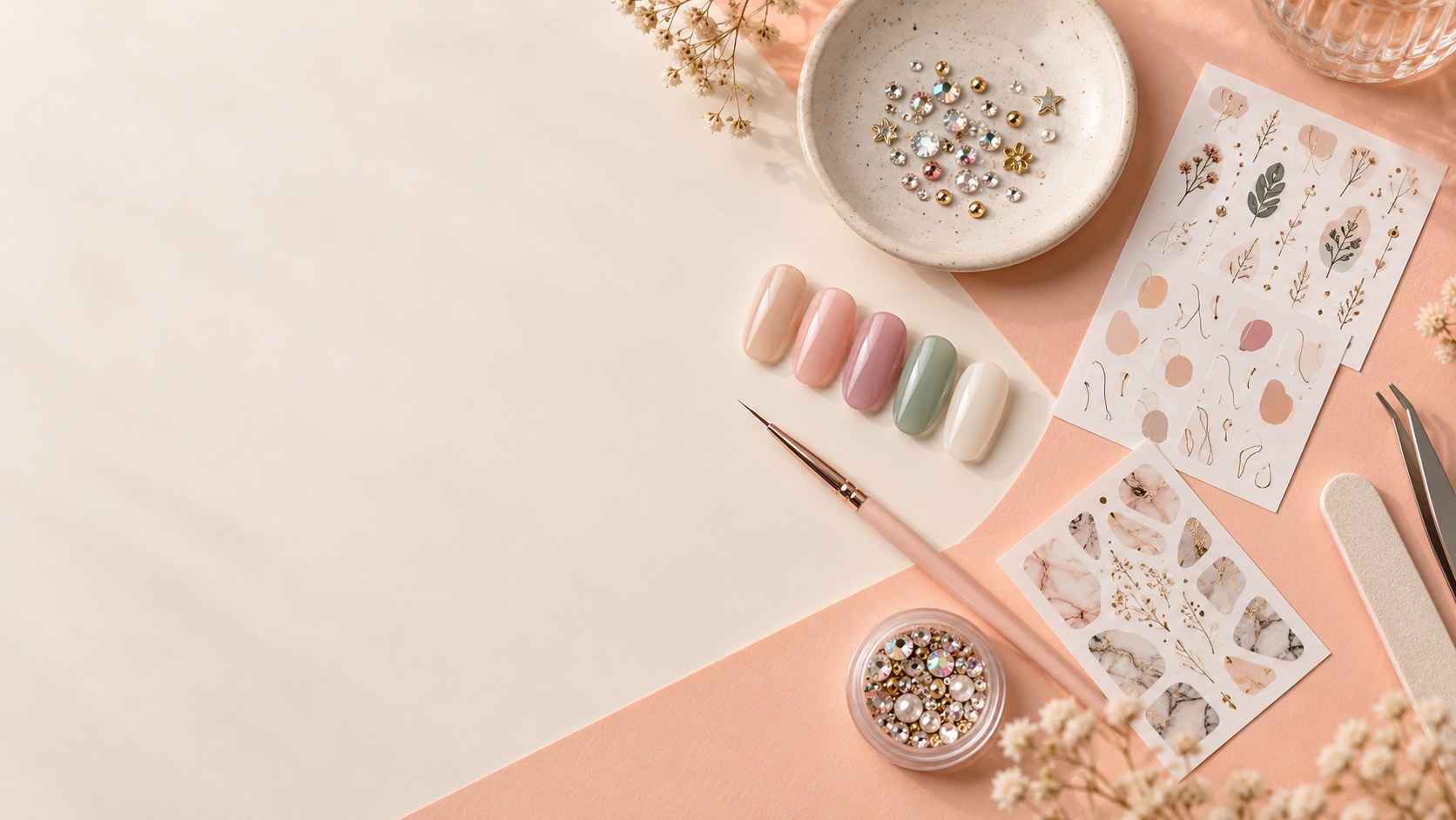 Nail art accessories on a neutral work surface